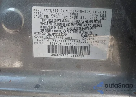 2019 Nissan Versa 1.6 S+ from USA, damaged, VIN 3N1CN7AP5KL832249